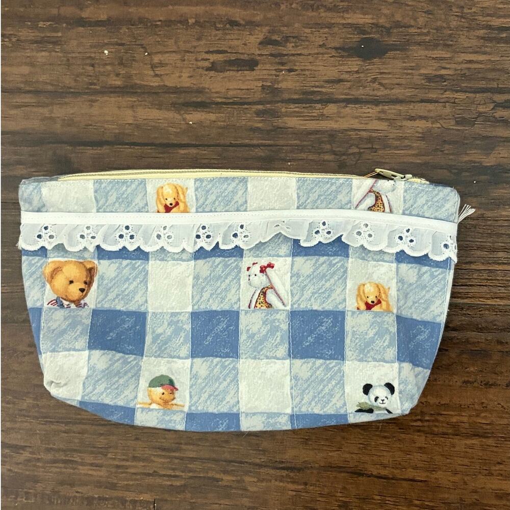 Upcycled Vintage Bag Upcycled 90s Gingham Lace Small Zipper Pouch Cosmetic Bag